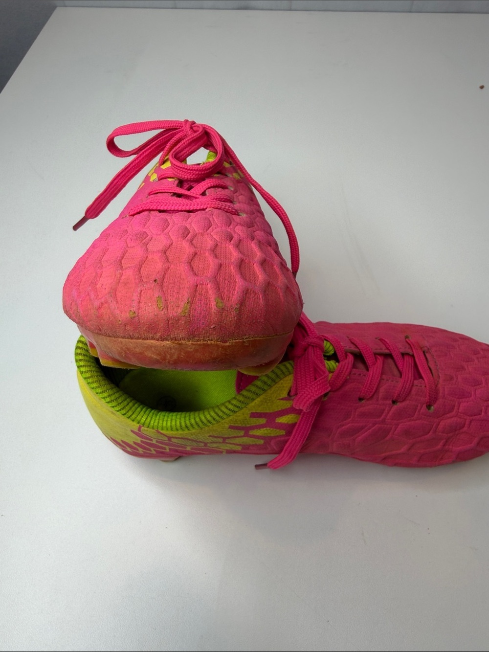 Bright Pink Athletic Cleats Shoes with Neon Yellow Back & Interior Kids size 2 - Picture 8 of 12